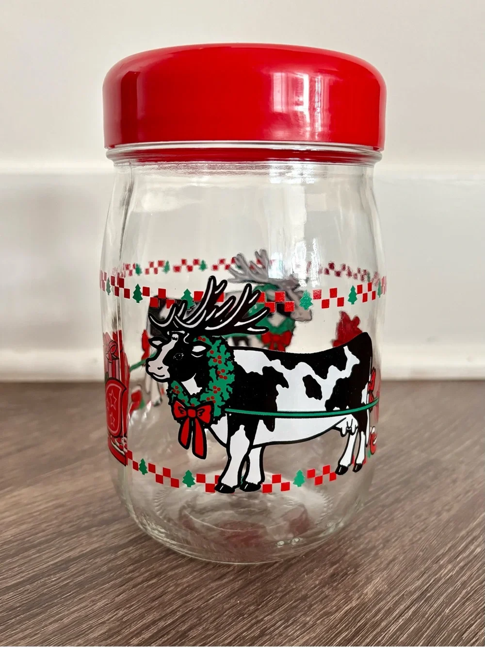 Vintage—Cow Holiday Christmas Glass Jar (1L, Red Lid) Made in France
